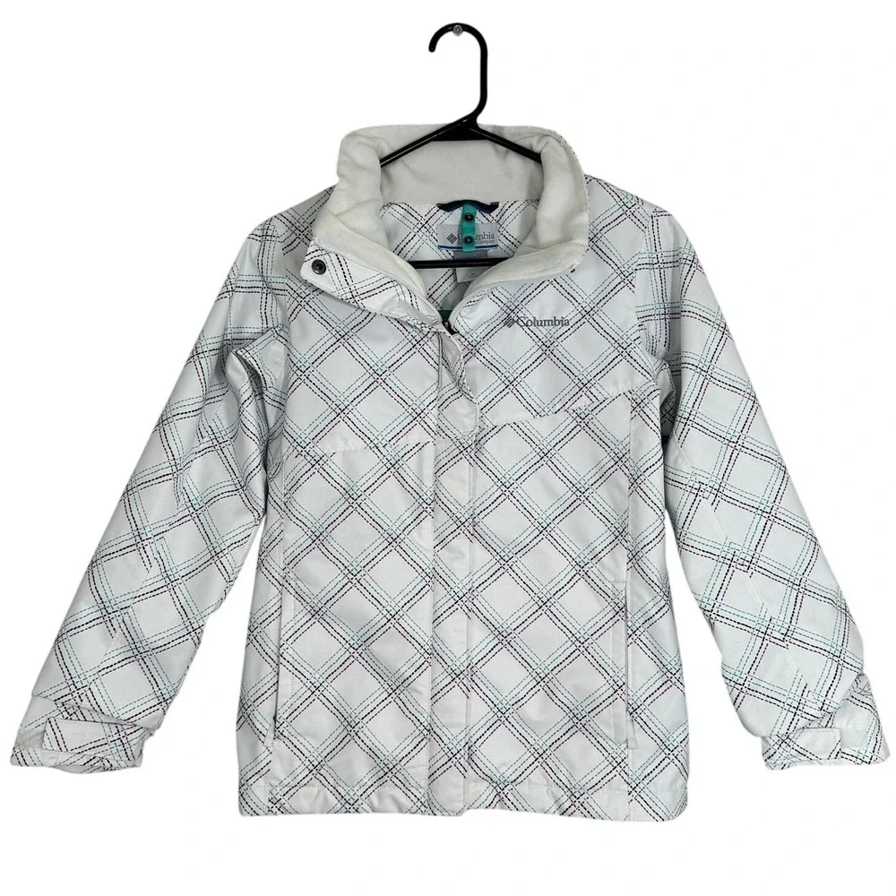 Columbia Omni Tech Interchange White Teal Plaid Softshell Jacket‎ Girl's Medium